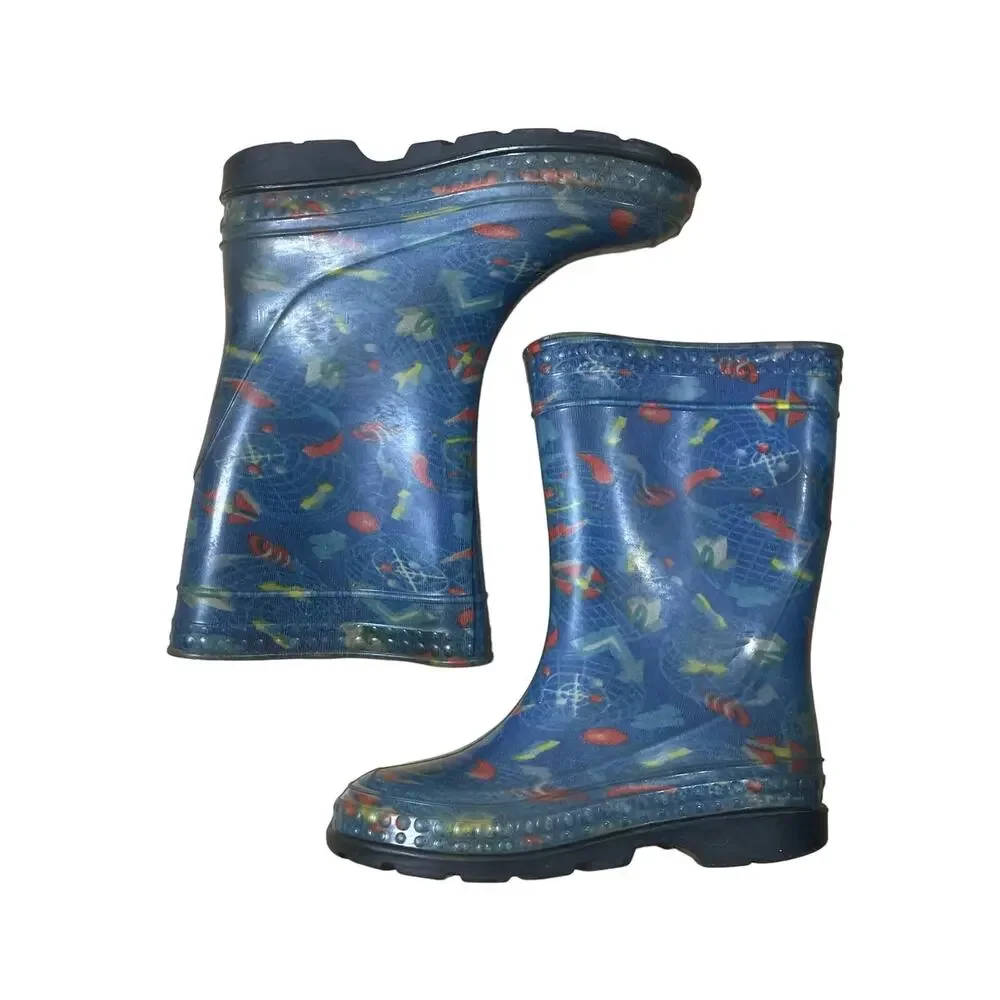 LIttle Kid's Nautical Themed Blue Rain Boots - Size 11 - Compass & Ocean Maps